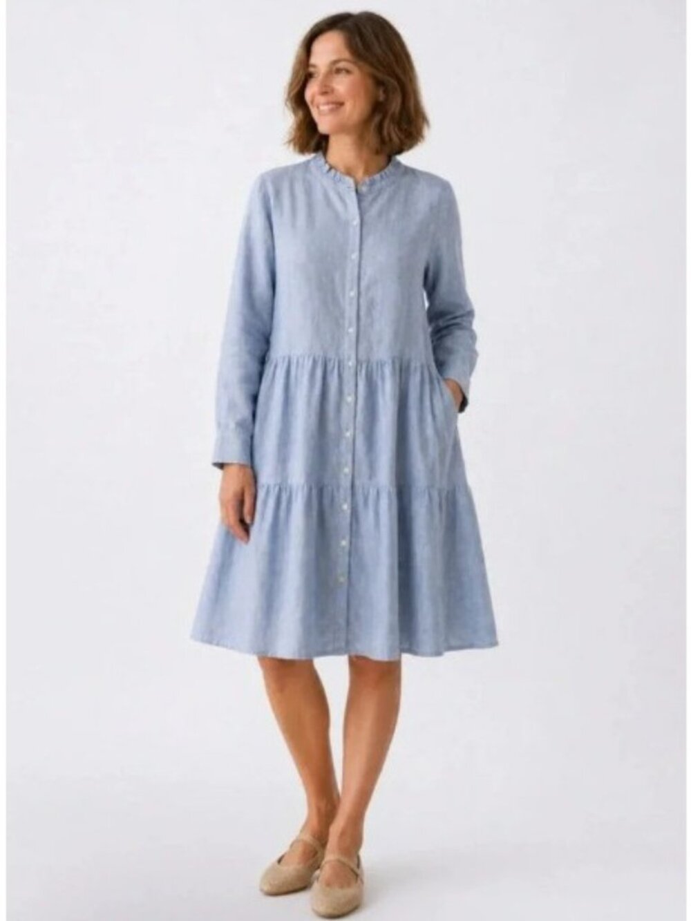 Alice Walk Blue Linen Tiered Shirt Dress, Size S, NWT! $275 - Picture 2 of 9